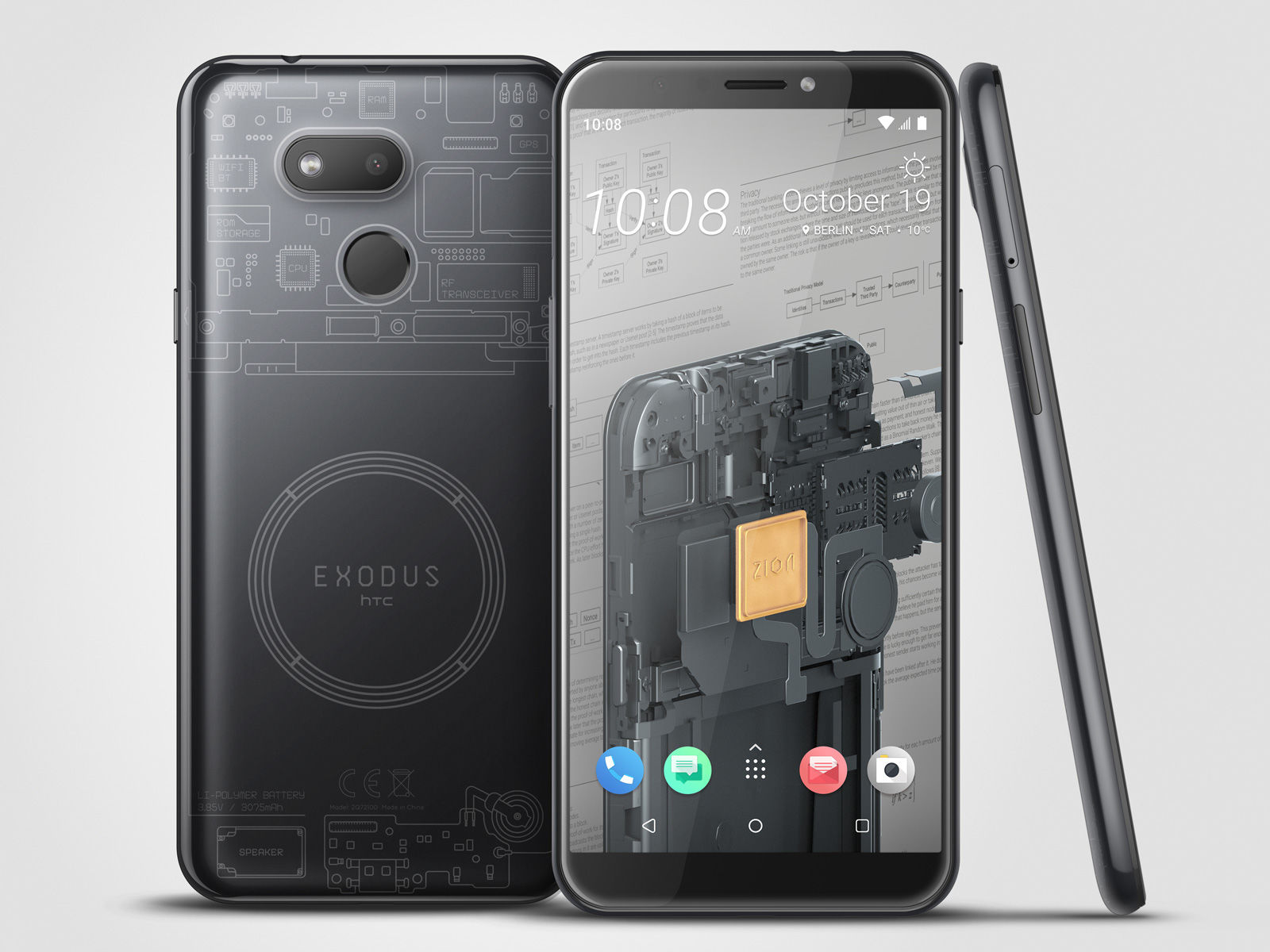 Three sides of the HTC Exodus 1s phone
