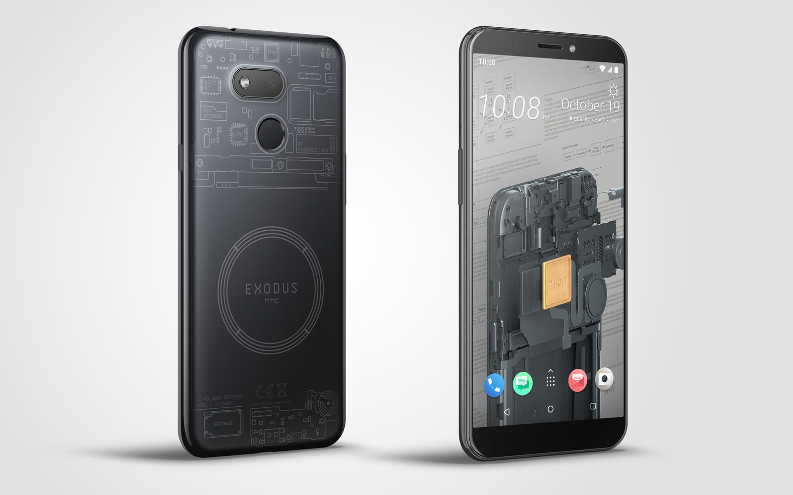 Two HTC Exodus 1s phones with front and back views juxtaposed