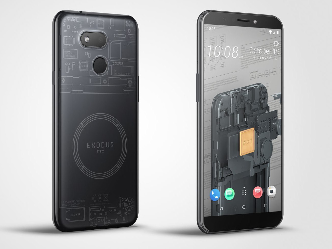HTC Exodus 1s in two views, the front and back, ju